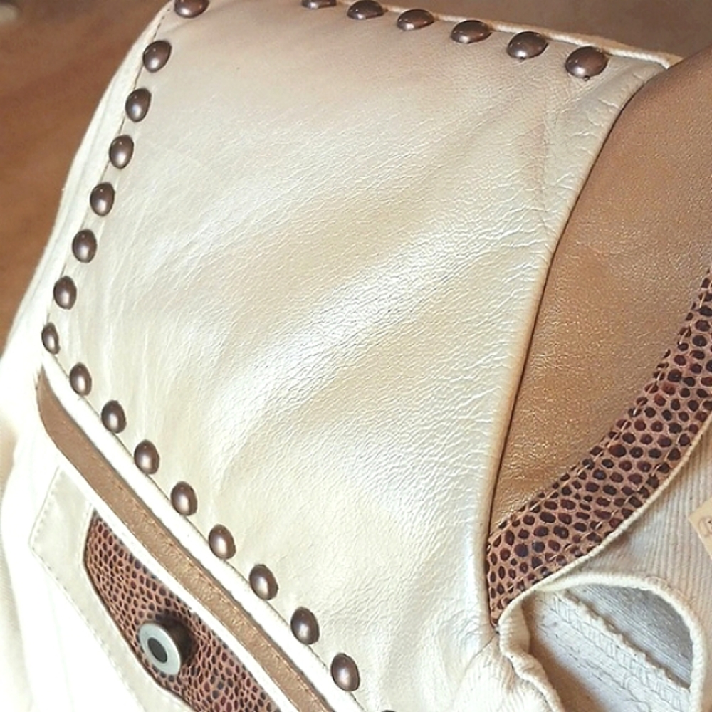 Vintage "Cache" Leather & Cream Cotton Denim Jacket, Metal Studs Detail "NEW" - Picture 3 of 15